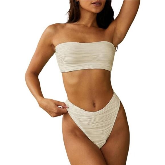 Women 2 Piece Bandeau Swimsuit Ribbed Lace up Strapless Bandeau Bikini High Cut